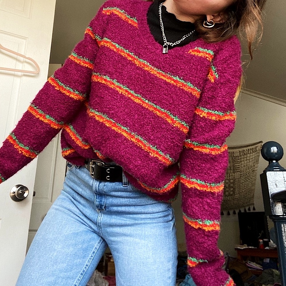 Free People Fuzzy Striped Magenta Sweater